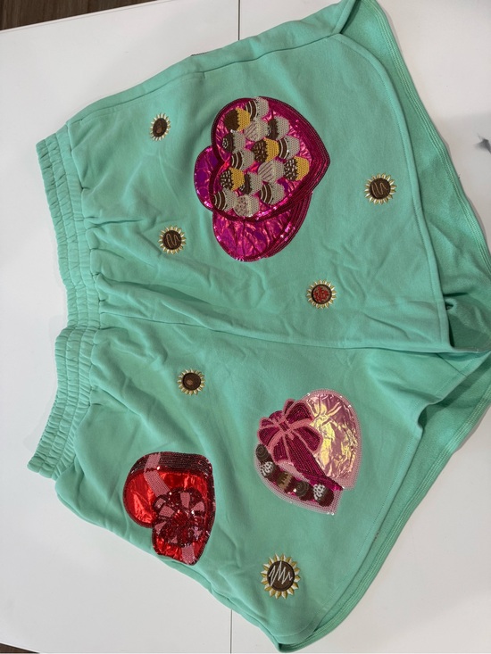 QUEEN OF SPARKLES Pants - QUEEN OF SPARKLES Mint Sequin Heart Athletic Shorts